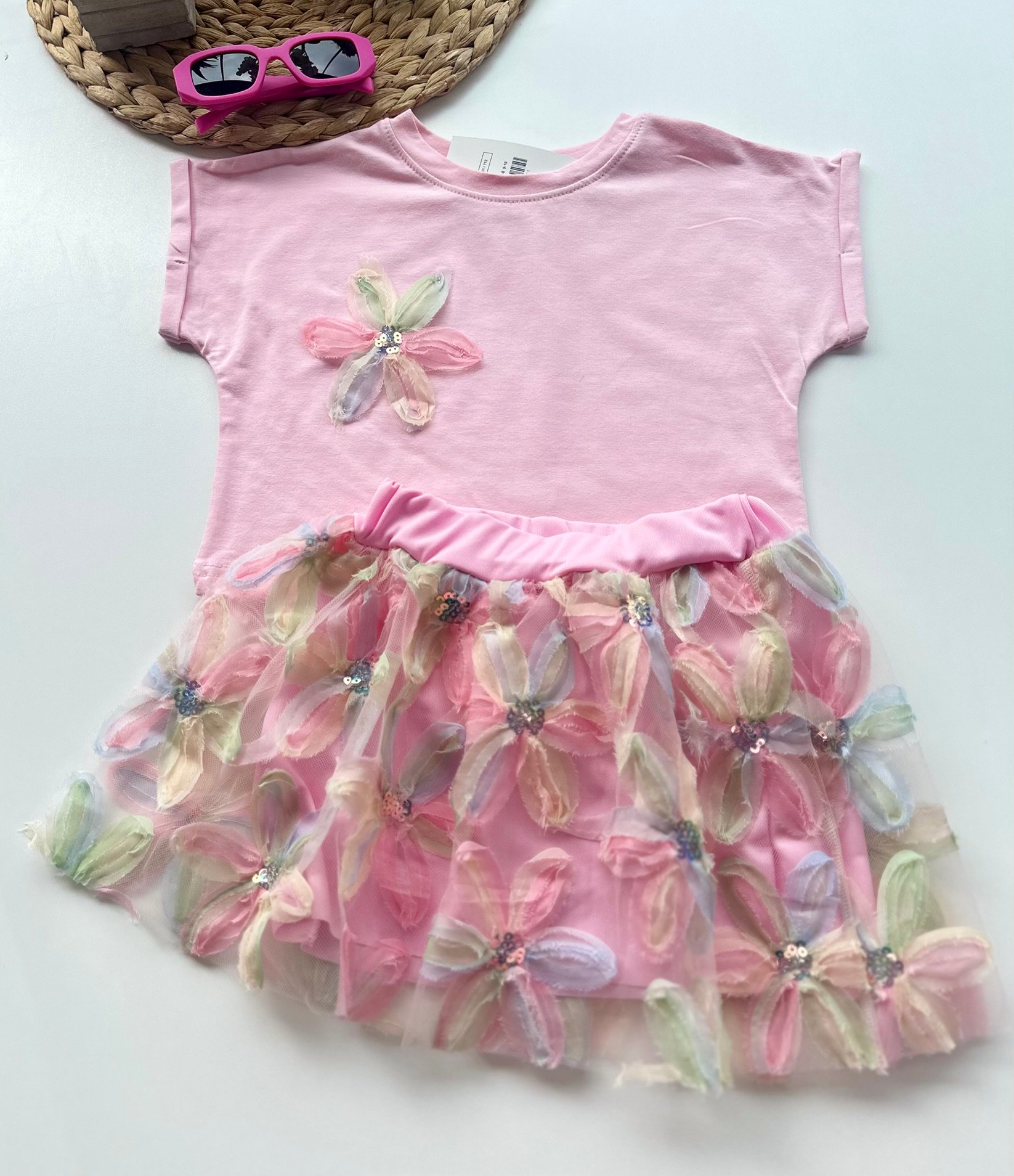 Çiçekli Tüllü Kız Çocuk Elbise Takımı – Pembe