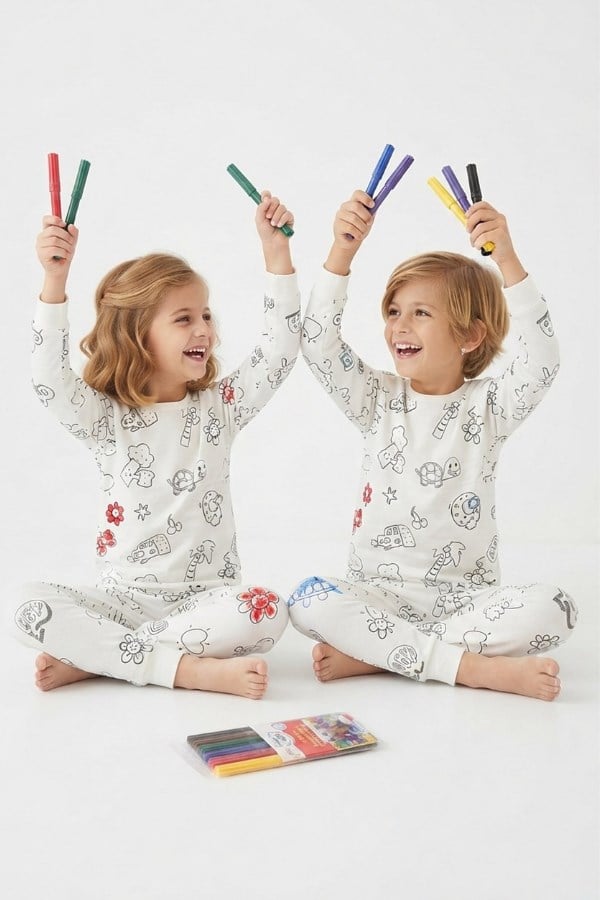 Çocuk Boyanabilir Pijama Takımı ve Boya Kalem Seti