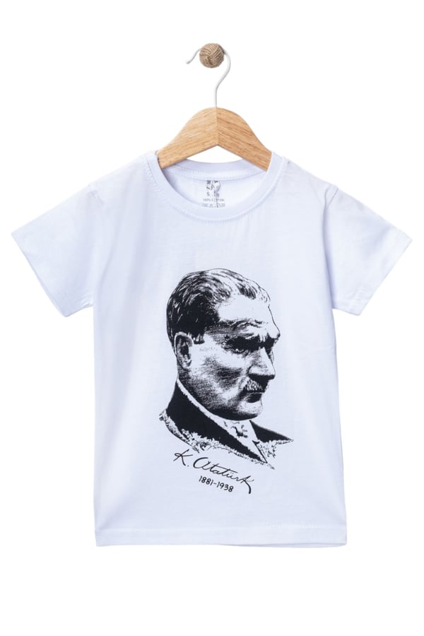 Çocuk Kısa Kollu Atatürk Baskılı Tişört Beyaz | Noblekids