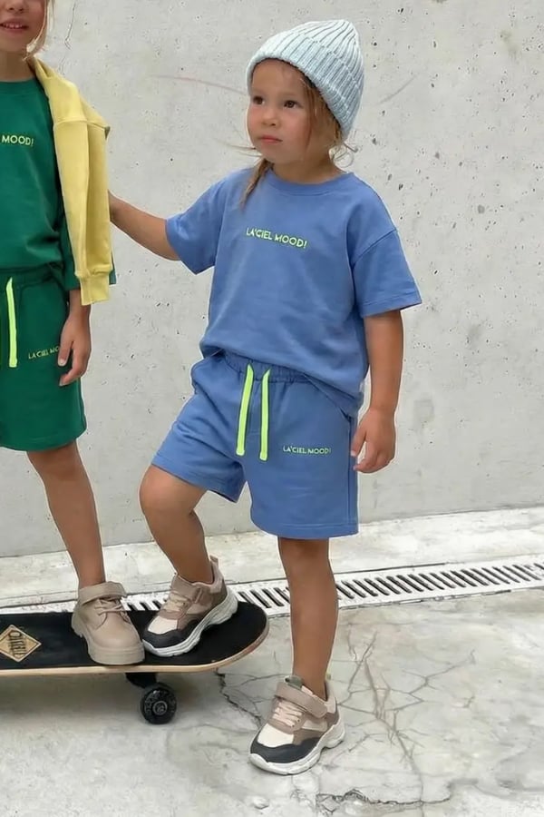 Çocuk Nakışlı Şort ve Tişört Takımı Saks | Noblekids