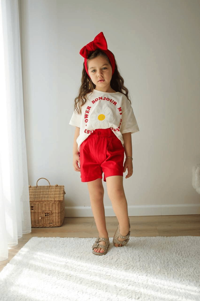 Daisy Flower Kız Çocuk Şortlu Takım – Ekru/Kırmızı