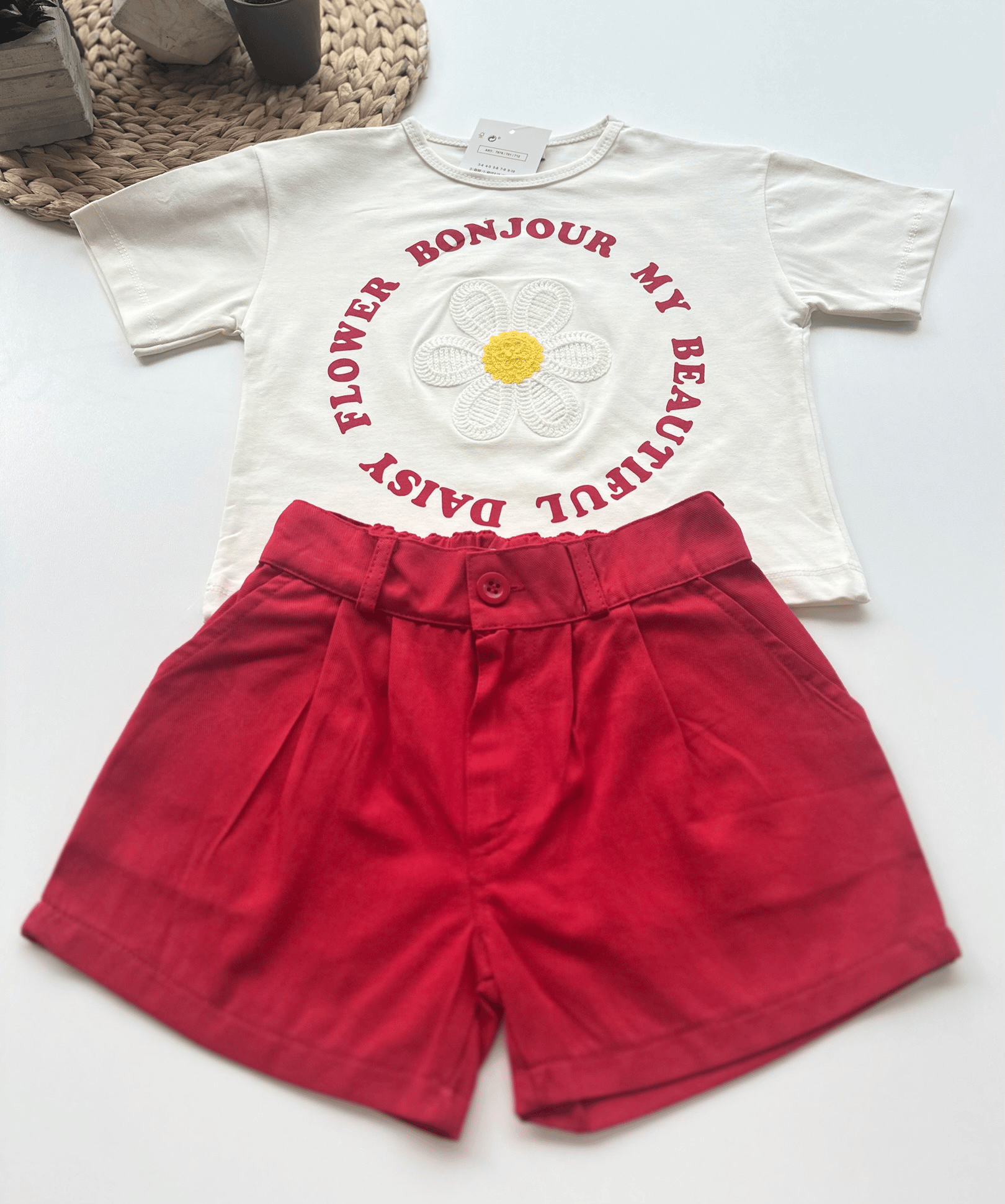 Daisy Flower Kız Çocuk Şortlu Takım – Ekru/Kırmızı