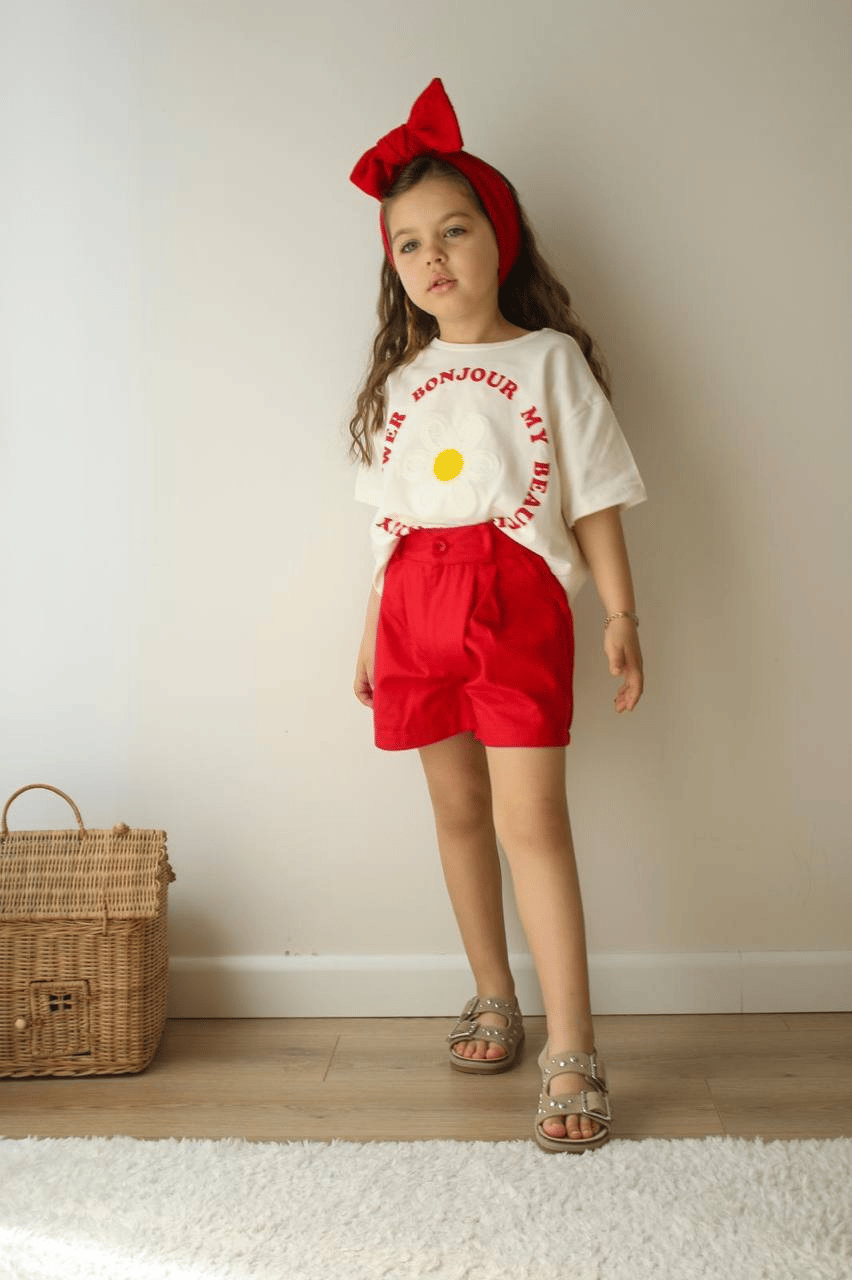 Daisy Flower Kız Çocuk Şortlu Takım – Ekru/Kırmızı
