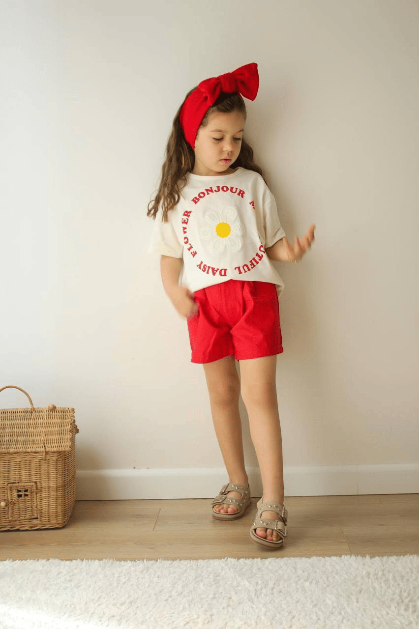 Daisy Flower Kız Çocuk Şortlu Takım – Ekru/Kırmızı