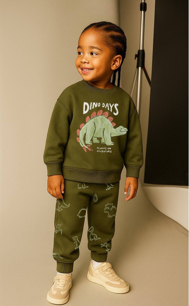 Dinozor Baskılı Şardonlu Fırçalı Pamuk Çocuk Takımı – Sweatshirt & Jogger Alt, 2–8 Yaş