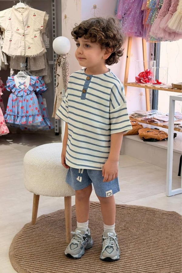 Erkek Çocuk Çizgili Tshirt Şort Takım - Mavi
