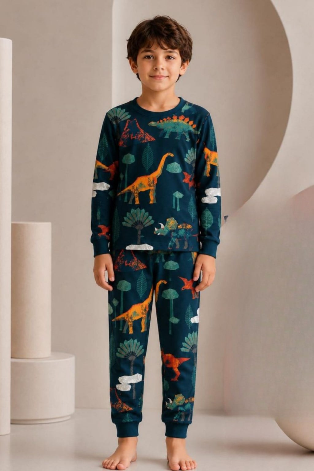 Erkek Çocuk Dinozor Temalı İnterlok Kumaş Pijama Takımı Lacivert