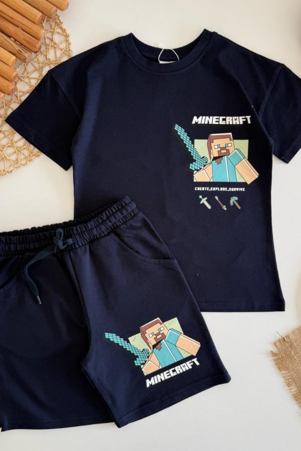 Erkek Çocuk Minecraft Baskılı Şortlu Takım Siyah