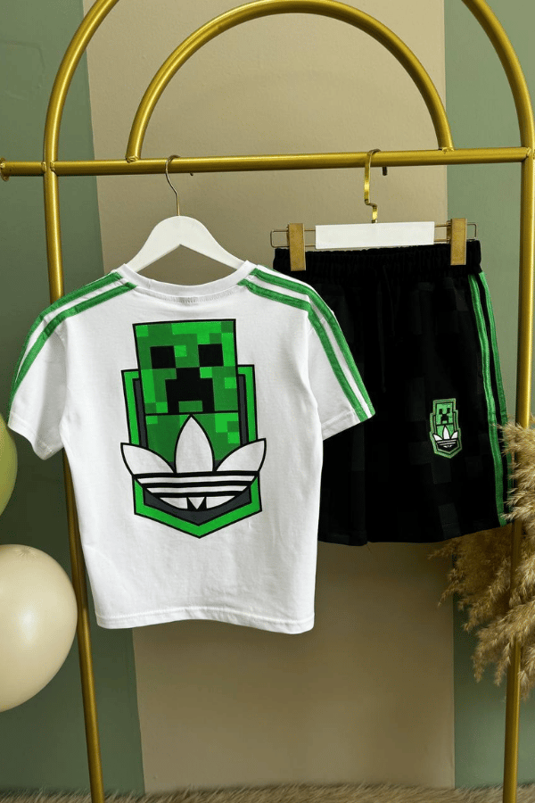 Erkek Çocuk Minecraft Baskılı Şortlu Takım Beyaz