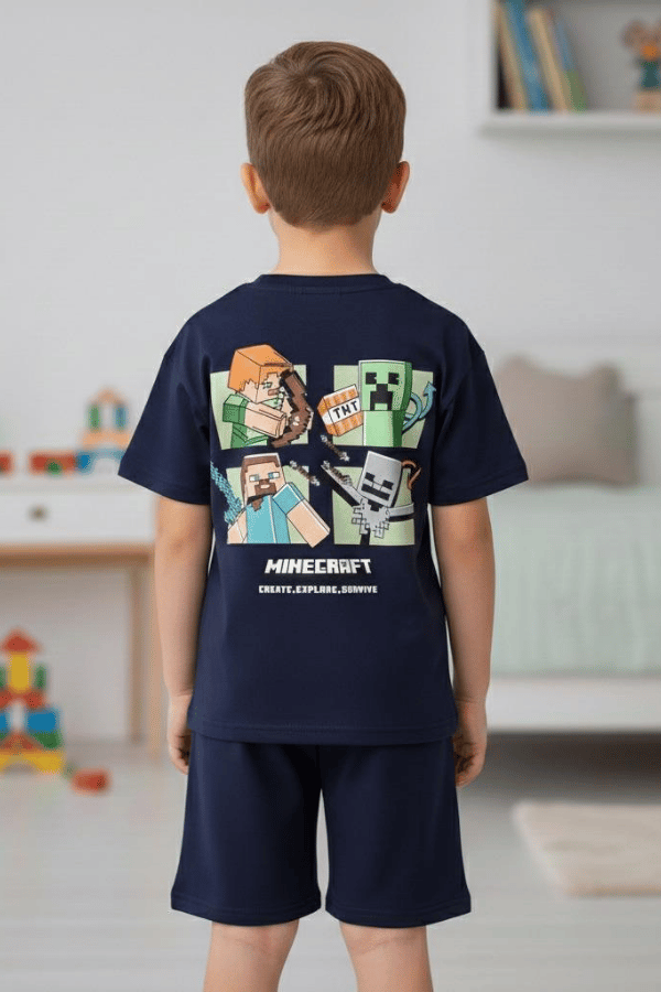 Erkek Çocuk Minecraft Baskılı Şortlu Takım Siyah
