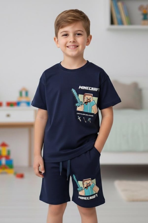 Erkek Çocuk Minecraft Baskılı Şortlu Takım Siyah
