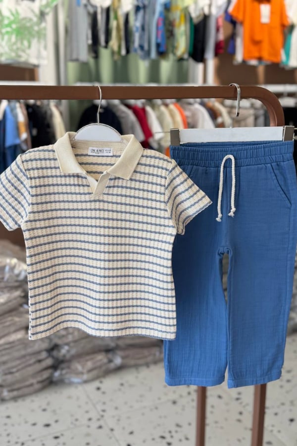 Erkek Çocuk Polo Yaka Müslin Tişört ve Pantolon Takım Mavi