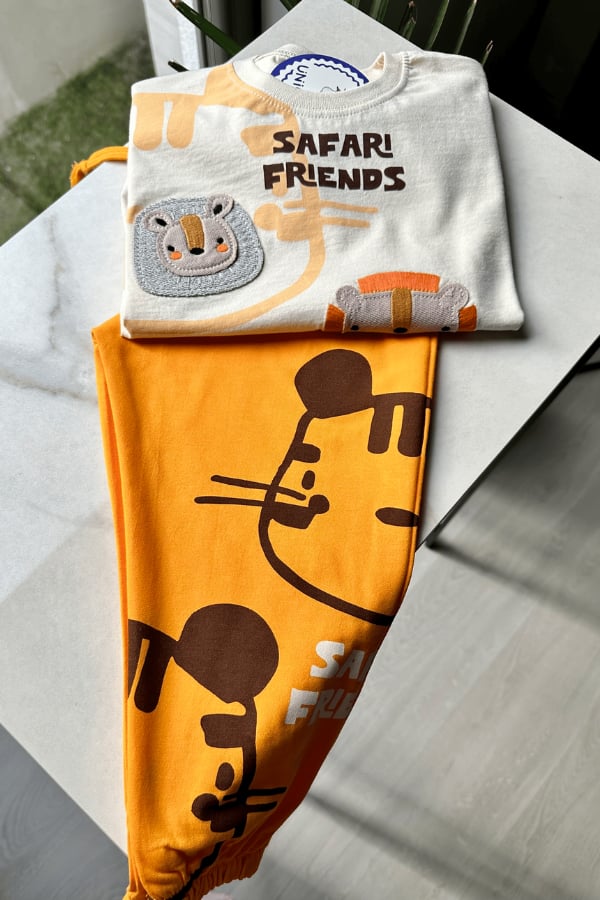 Erkek Çocuk Safari Friends Nakışlı Tişört ve Eşofman Altı Takım Hardal
