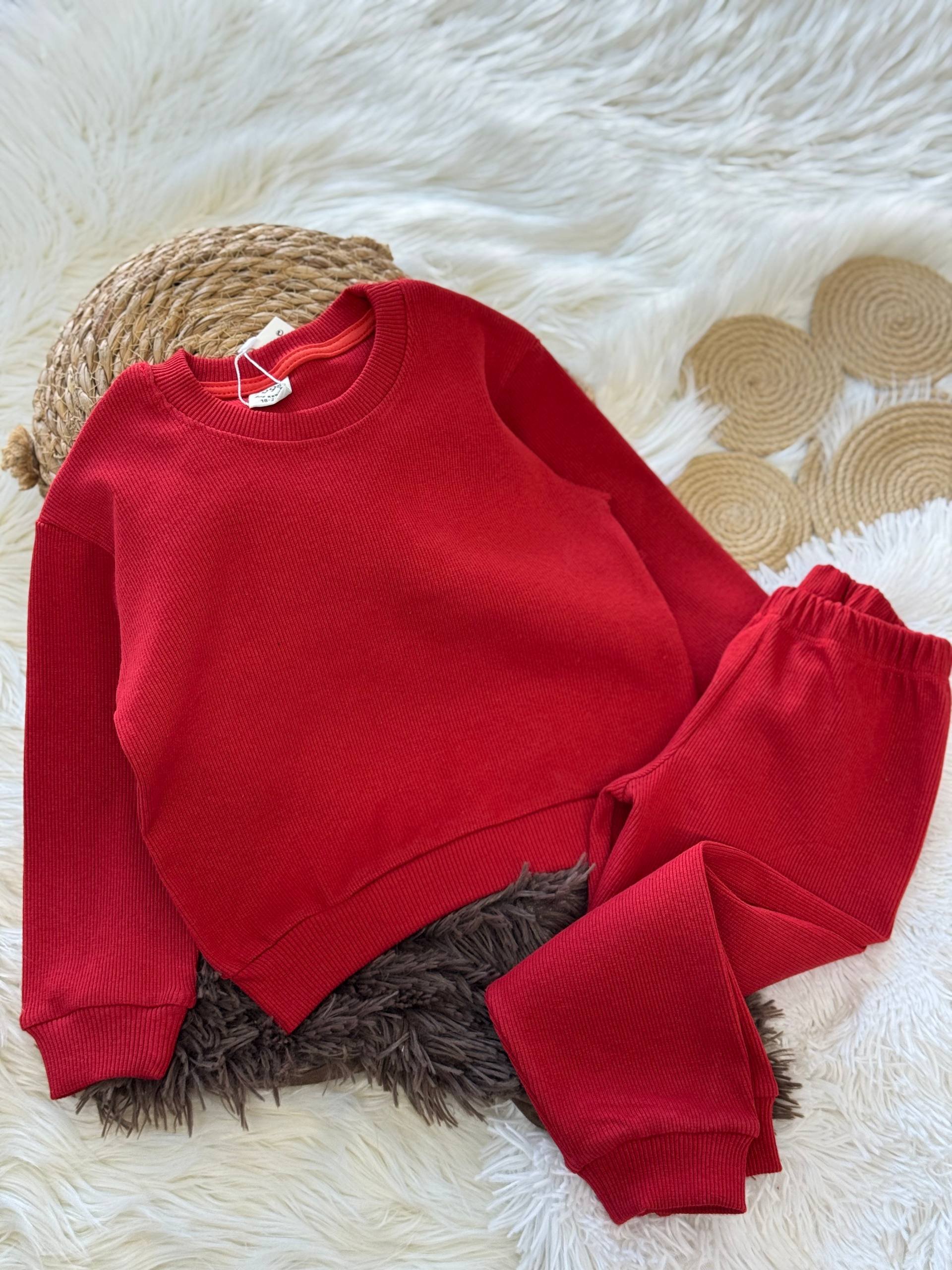 Esnek Ribana Bordo Çocuk Takımı – Sweatshirt & Alt, 18 Ay–6 Yaş