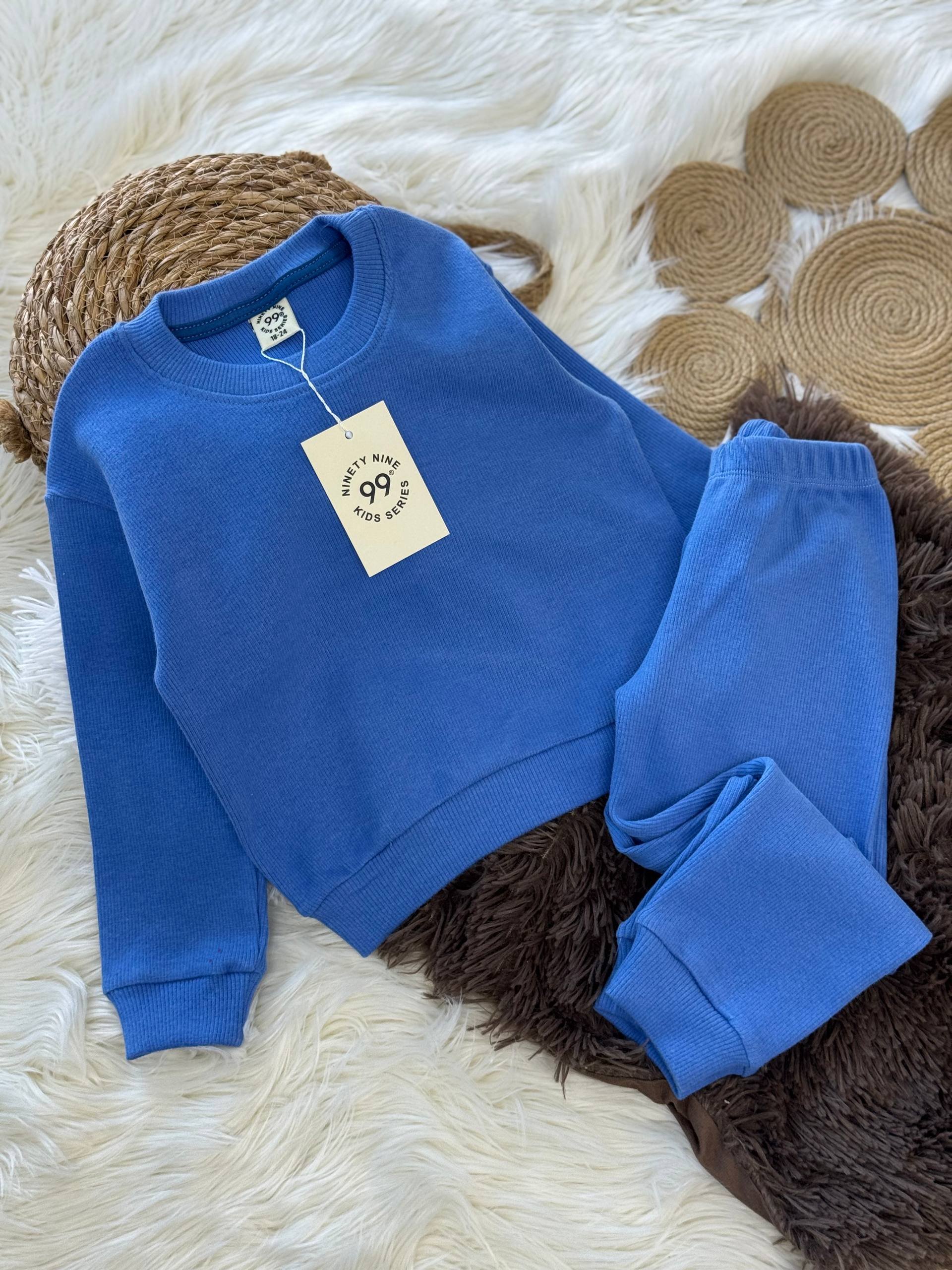 Esnek Ribana Saks Mavi Çocuk Takımı – Sweatshirt & Alt, 18 Ay–6 Yaş