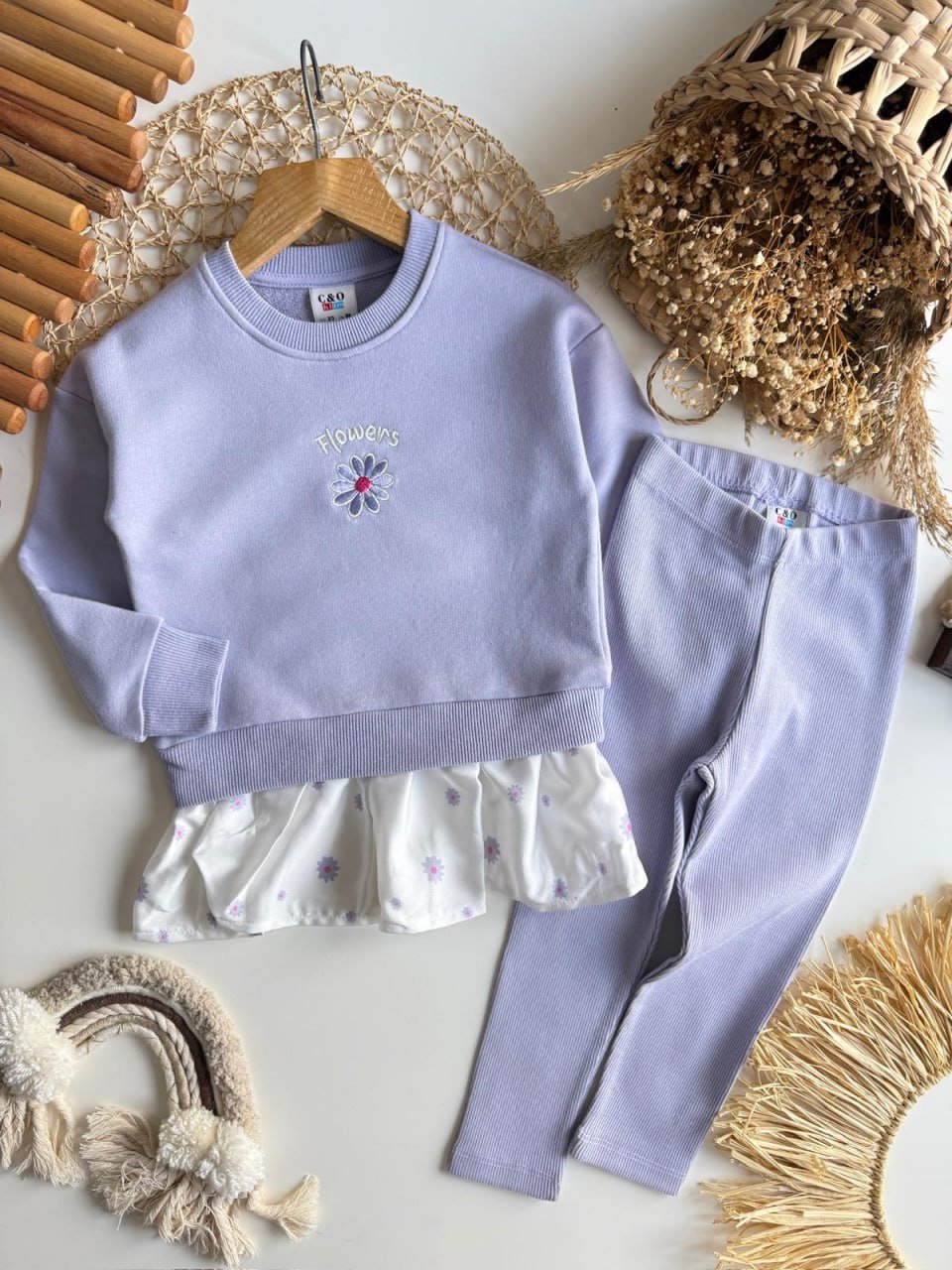 Flowers Nakış Detaylı Kız Çocuk Takımı – Sweatshirt & Tayt Alt, 2–8 Yaş