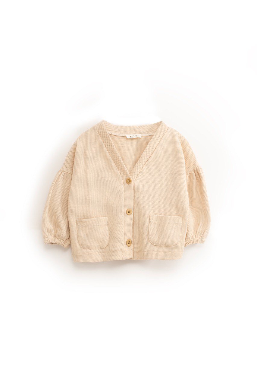 Hırka – Bej Düğmeli Cepli Waffle Kumaş