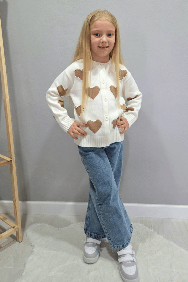 Kalpli Triko Hırka ve Denim Pantolon Takım (Ekru)