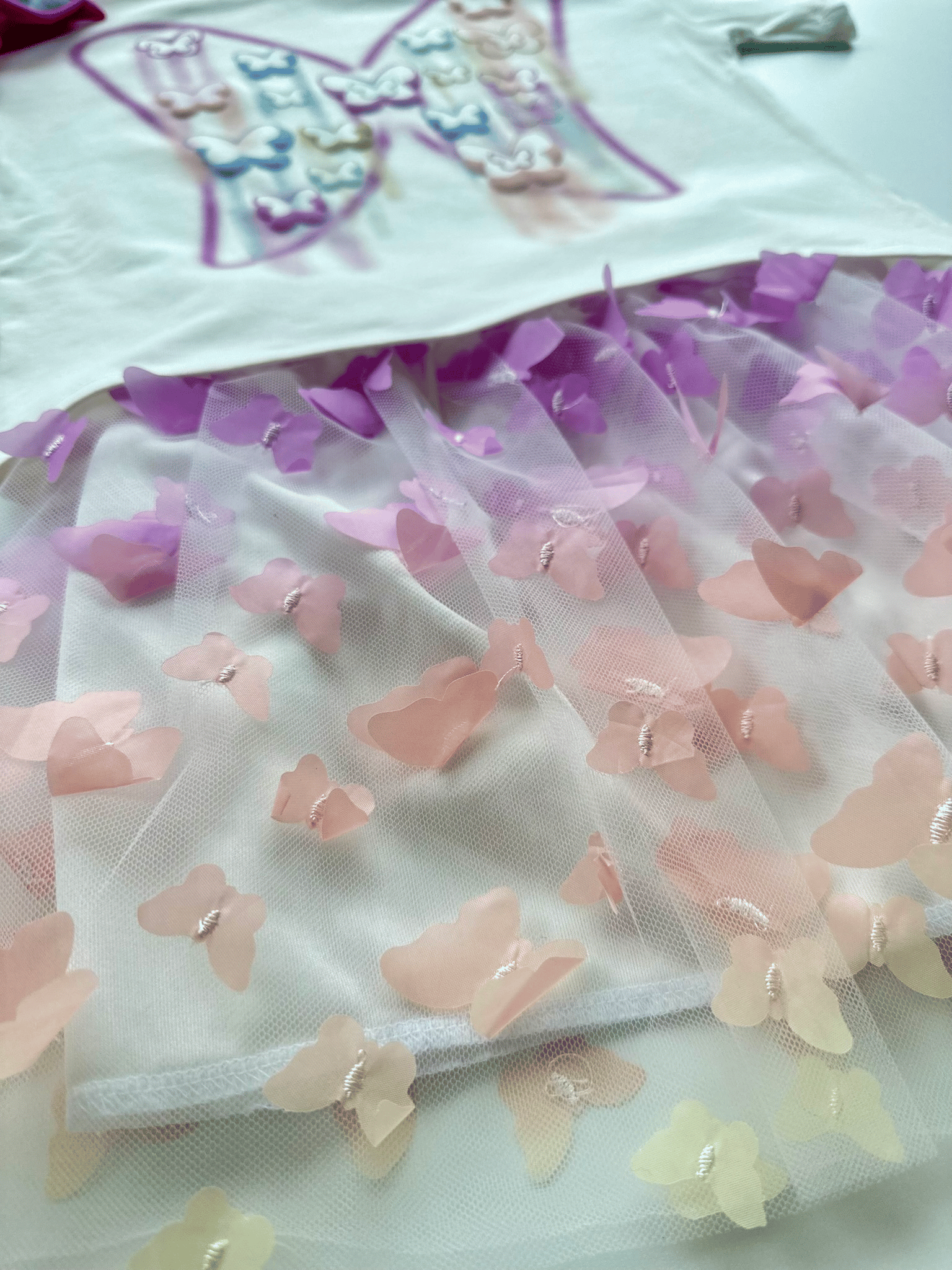 Kelebek Detaylı Tişört ve Tüllü Etek Takım – Pastel
