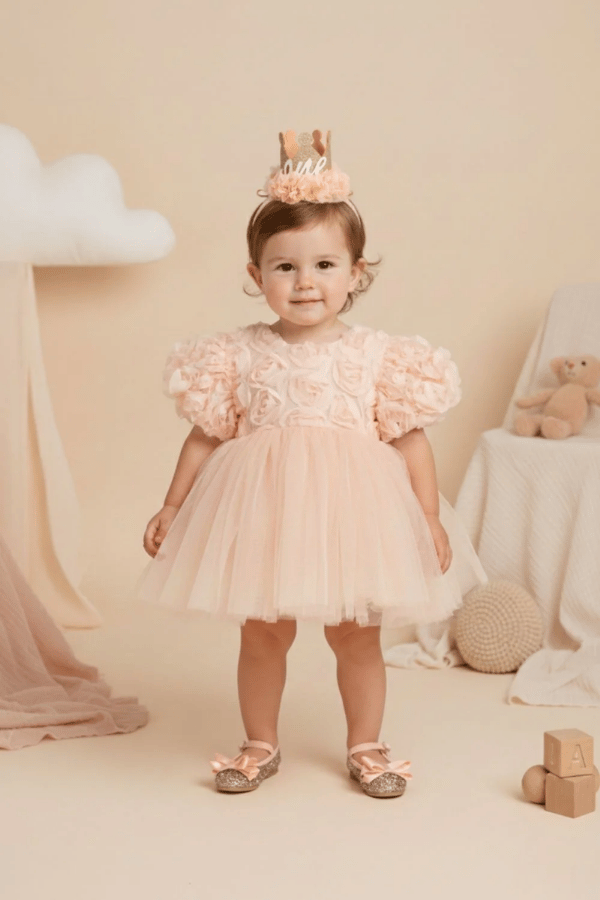 Kız Bebek Gül Detaylı Elbise Somon | Noblekids