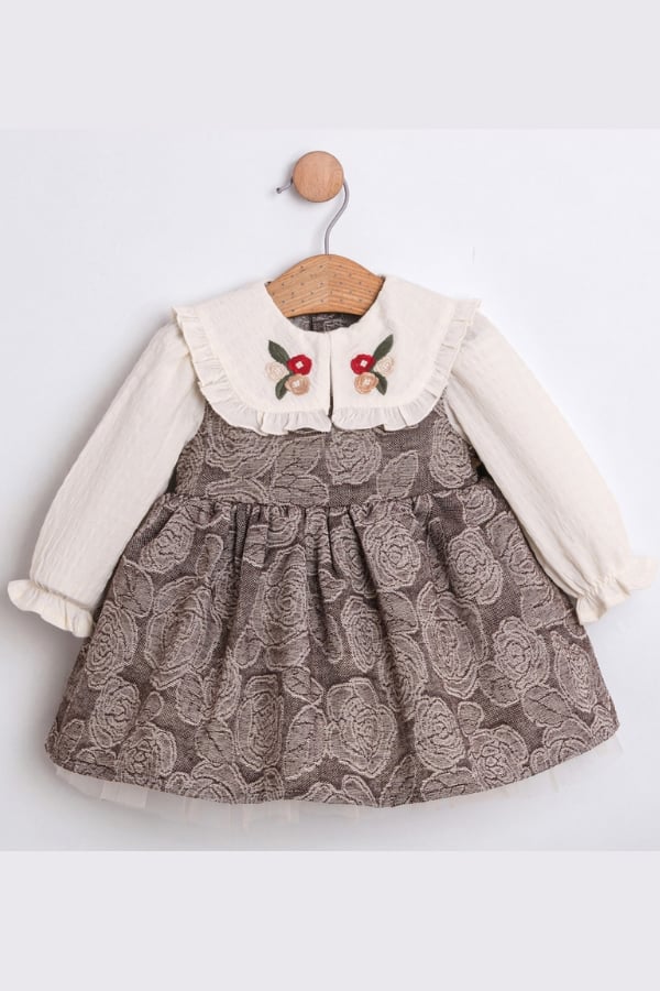 Kız Bebek Nakışlı Bebe Yaka Elbise Kahverengi