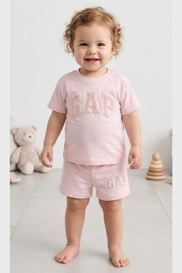 Kız Bebek Süzene Nakış Tişört ve Şort Takım Pembe
