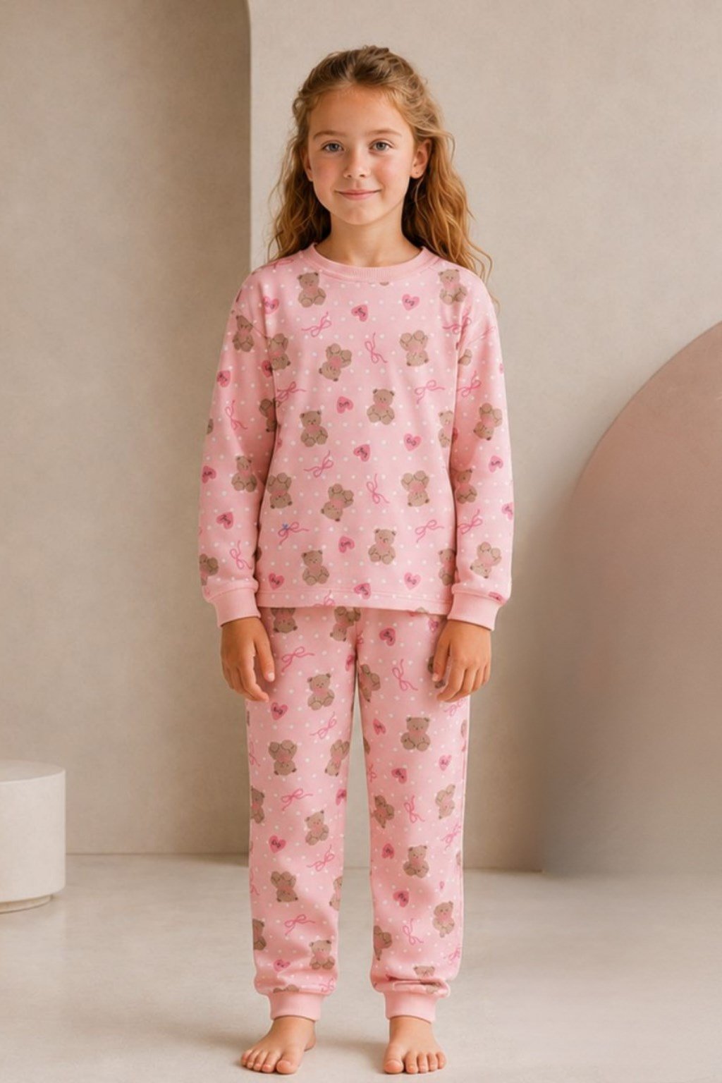 Kız Çocuk Ayıcık Baskılı İnterlok Kumaş Pijama Takımı Pembe