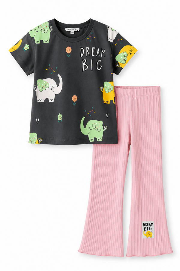 Kız Çocuk Baskılı Tişört ve Pantolon Takım Pembe