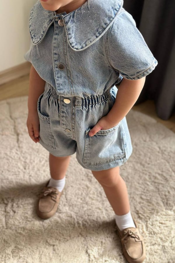 Kız Çocuk Bebe Yaka Taşlı Denim Salopet Mavi | Noblekids