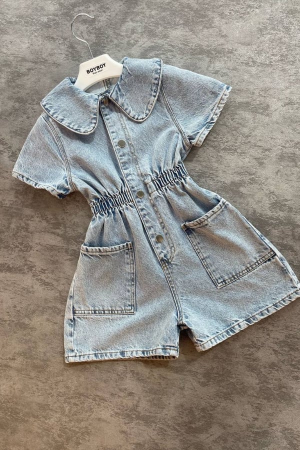 Kız Çocuk Bebe Yaka Taşlı Denim Salopet Mavi | Noblekids
