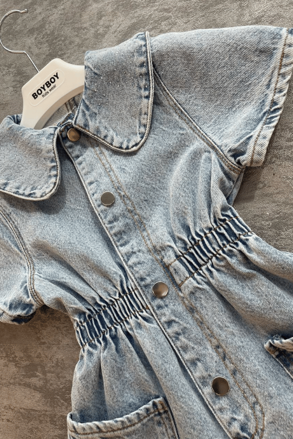 Kız Çocuk Bebe Yaka Taşlı Denim Salopet Mavi | Noblekids