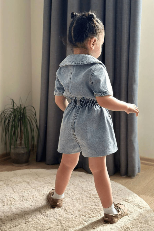 Kız Çocuk Bebe Yaka Taşlı Denim Salopet Mavi | Noblekids