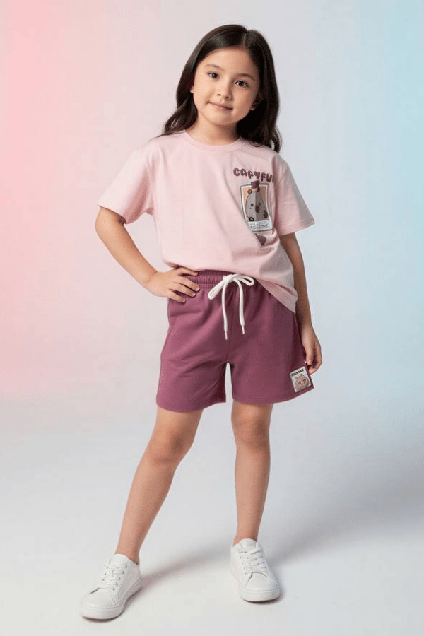 Kız Çocuk Capybara Baskılı Tişört ve Şort Takım Pembe | Noblekids