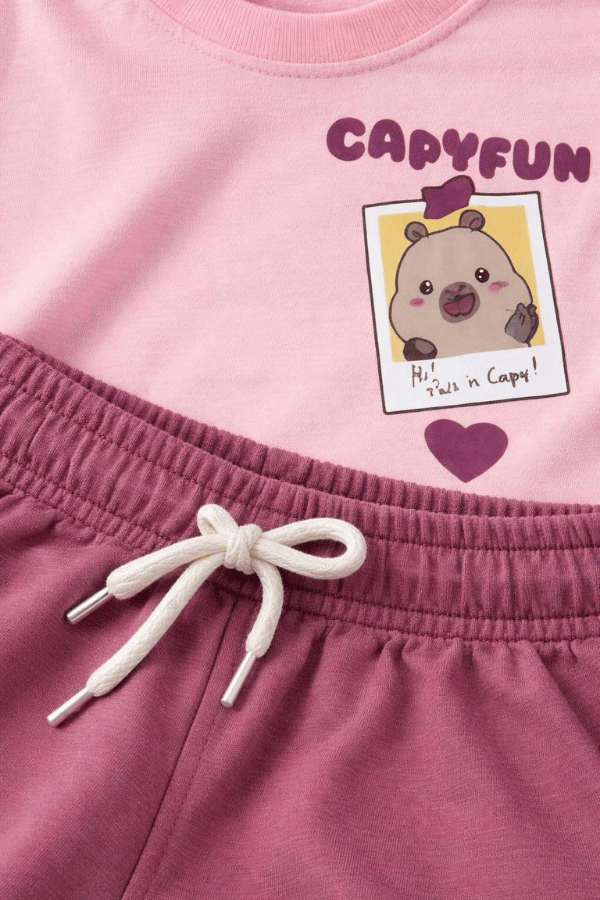 Kız Çocuk Capybara Baskılı Tişört ve Şort Takım Pembe | Noblekids
