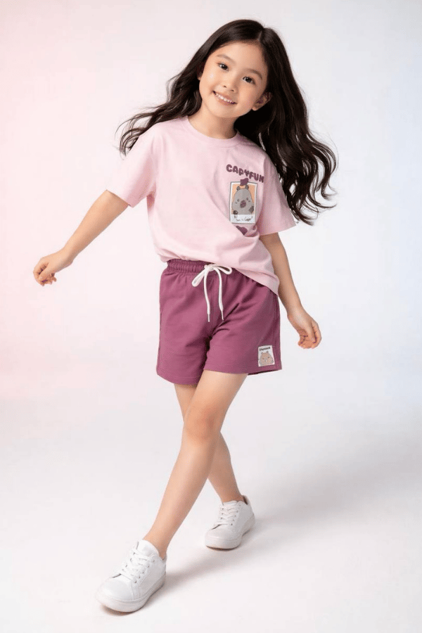 Kız Çocuk Capybara Baskılı Tişört ve Şort Takım Pembe | Noblekids