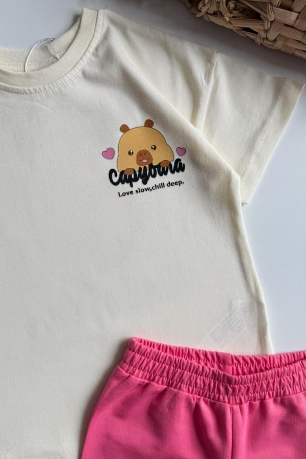 Kız Çocuk Capybara Baskılı Yazlık Tişört ve Şort Takım Ekru