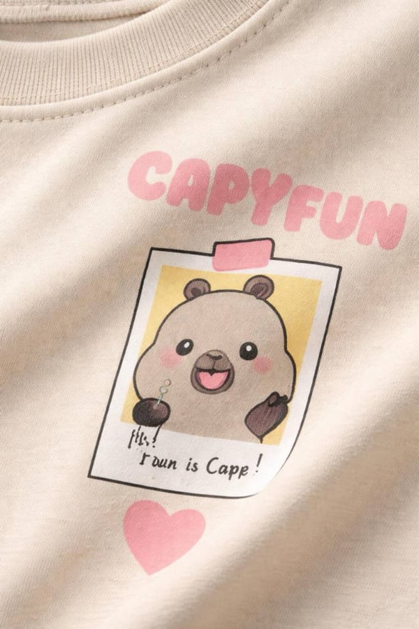 Kız Çocuk Capyfun Baskılı Tişört ve Şort Takım Pembe