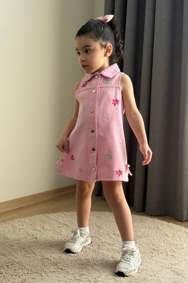 Kız Çocuk Çiçek Nakışlı Elbise Pembe