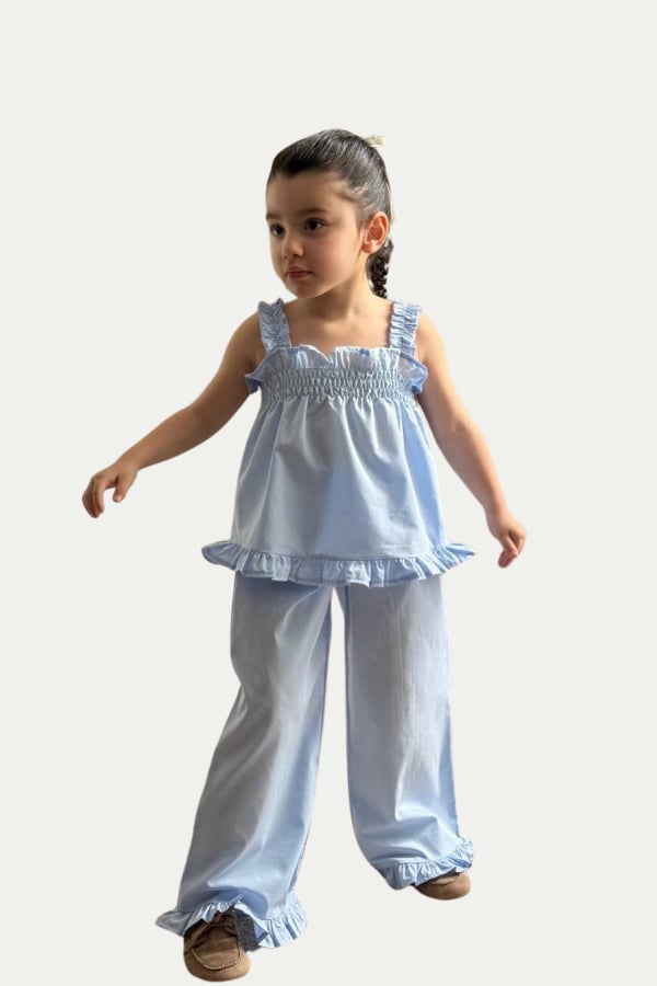 Kız Çocuk Fırfır Detaylı Bluz Pantolon Takım - Mavi