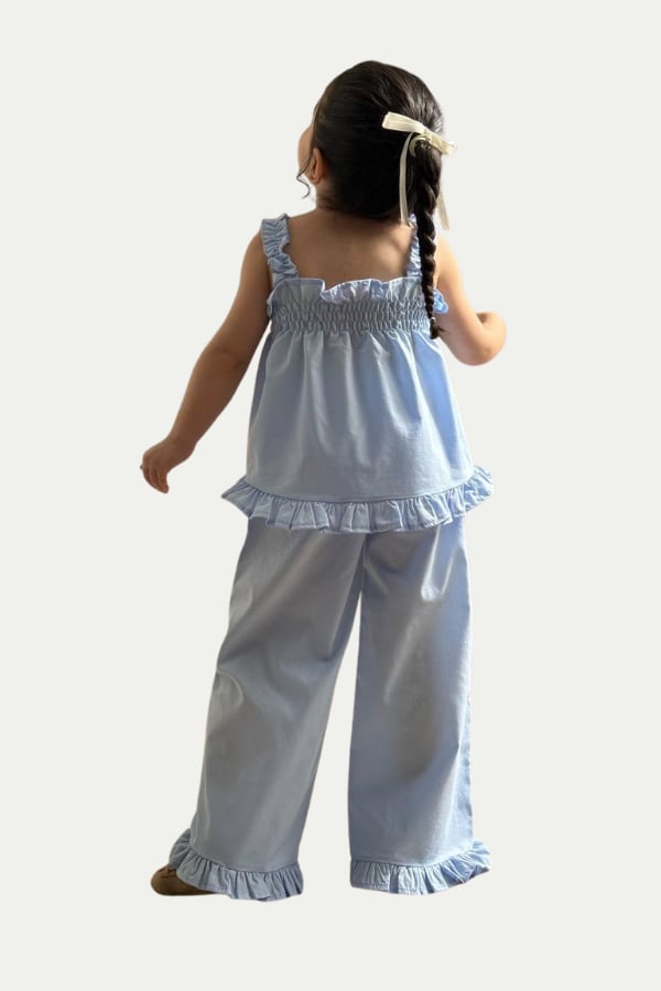 Kız Çocuk Fırfır Detaylı Bluz Pantolon Takım - Mavi