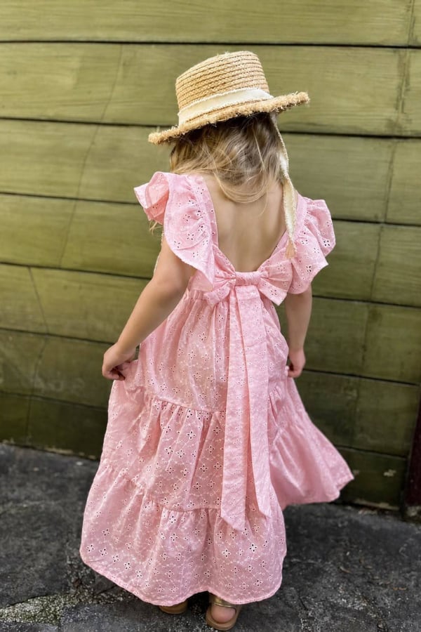 Kız Çocuk Fiyonk Detaylı Brode Fistolu Elbise Pembe