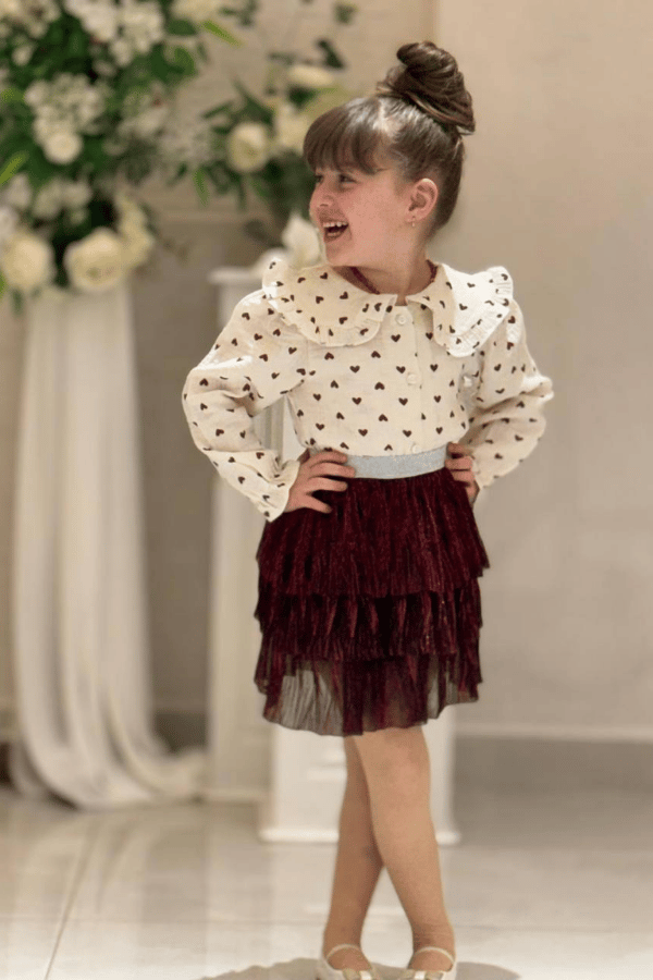 Kız Çocuk Kalp Baskılı Gömlek ve Kat Etek Takım