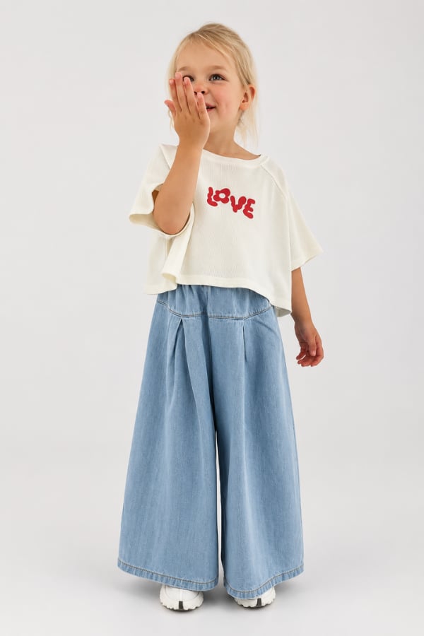Kız Çocuk LOVE Baskılı Gofre Tişört ve Denim Pantolon Takım Açık Mavi