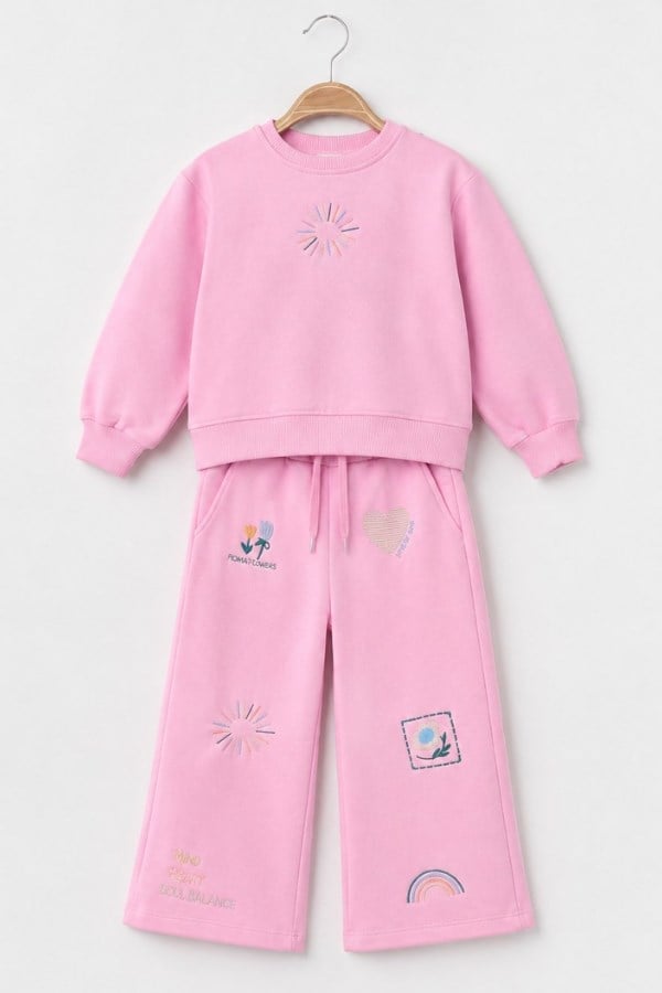 Kız Çocuk Nakış İşlemeli Sweatshirt Eşofman Takım Pembe