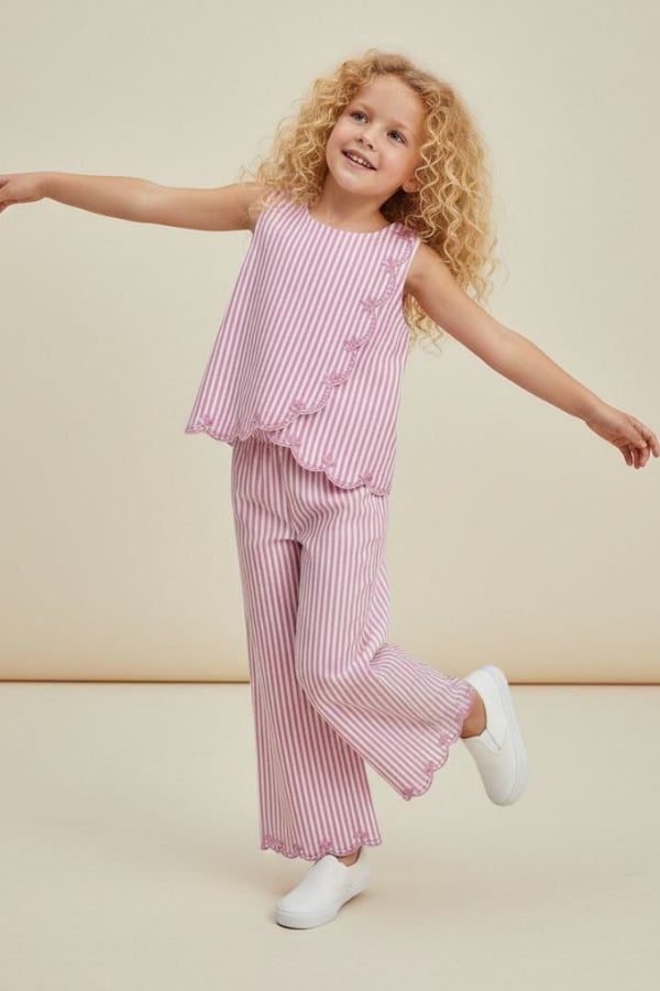 Kız Çocuk Nakışlı Bluz ve Pantolon Takım Pembe | Noblekids