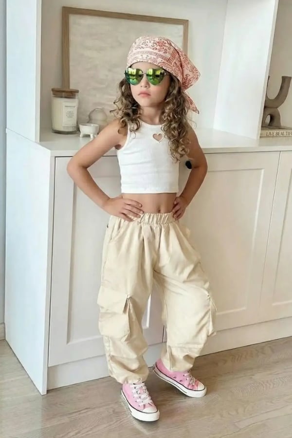 Kız Çocuk Paraşüt Kumaş Crop Takım Krem