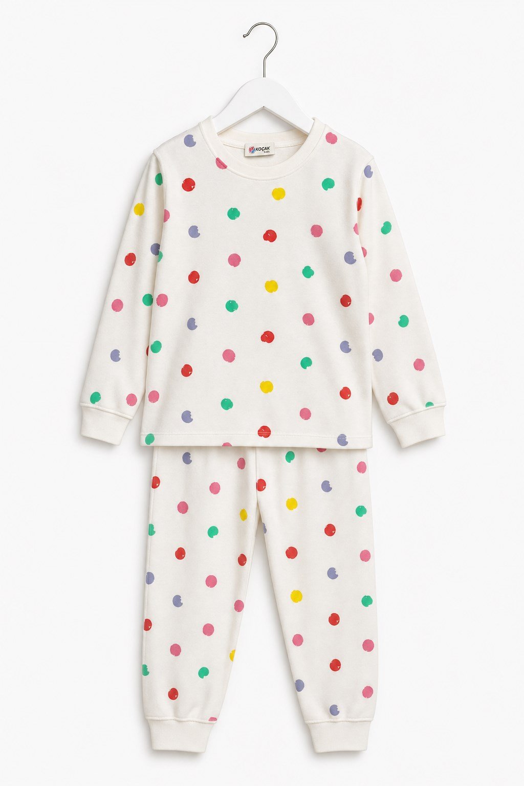 Kız Çocuk Pijama Takımı Renkli Puantiyeli Ekru