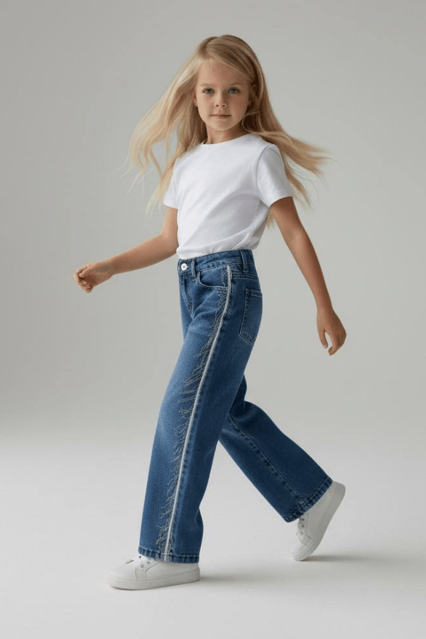 Kız Çocuk Püskül Zincirli Kot Pantolon (Mavi-Lacivert)