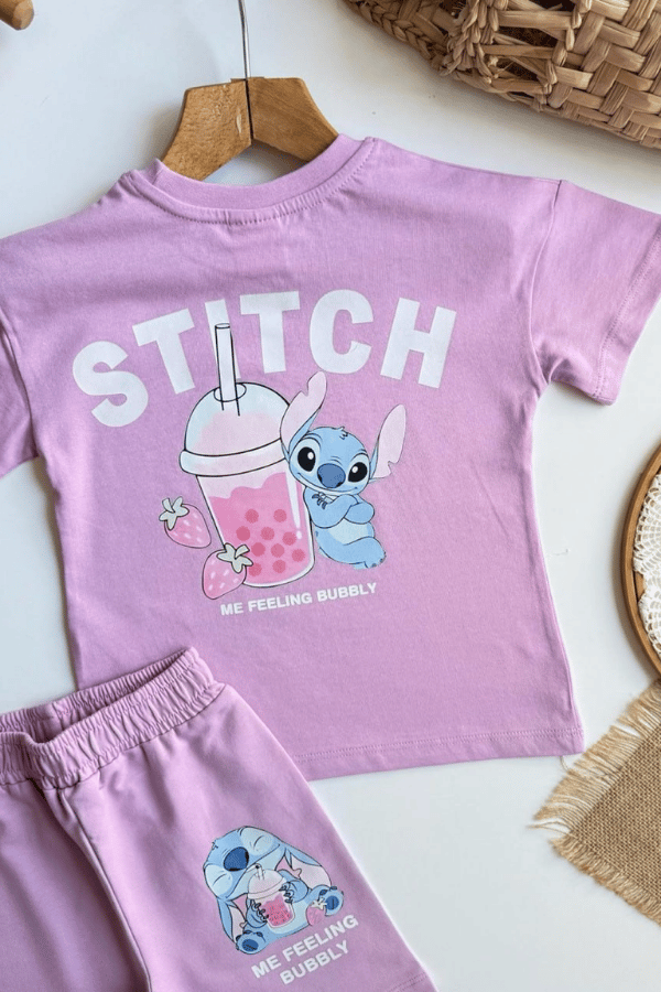 Kız Çocuk Stitch Baskılı Yazlık Tişört ve Şort Takım Lila