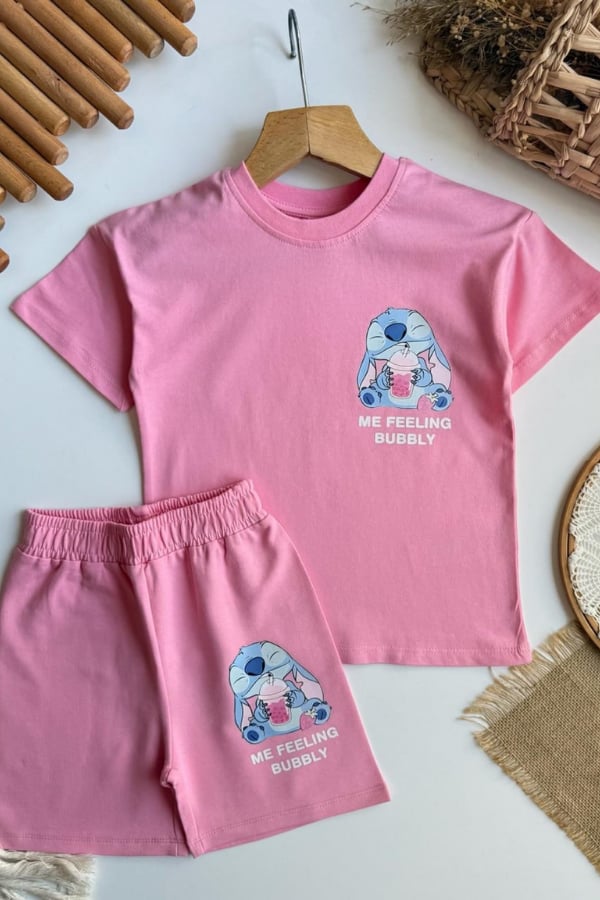 Kız Çocuk Stitch Baskılı Yazlık Tişört ve Şort Takım